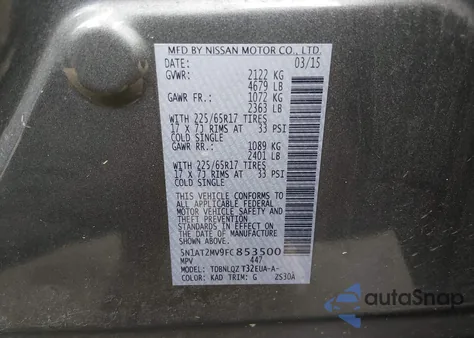 2015 Nissan Rogue Sv из США, поврежденный, VIN 5N1AT2MV9FC853500